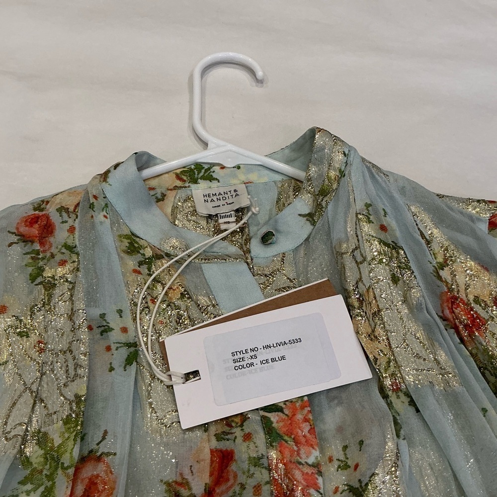 HEMANT & NANDITA Livia Floral Whimsical Sparkly Chiffon Dress with Slip XSmall - Picture 12 of 16